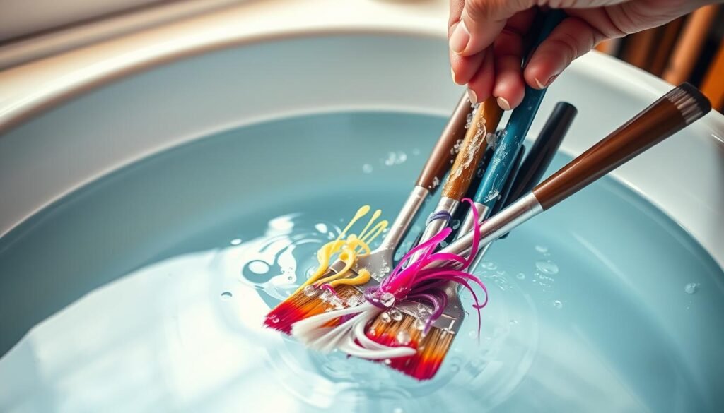 A well-lit studio setting with a sink or tub filled with clear water. A hand is gently swishing and rinsing several acrylic paint brushes, their bristles releasing colorful swirls into the water. The brushes feature a variety of sizes, shapes, and styles, representing the different tools an artist might use. Warm, diffused lighting casts a soft, natural glow, highlighting the intricate textures of the bristles. The background is blurred, keeping the focus on the act of cleaning the brushes. The overall scene conveys a sense of care and attention to properly maintaining one's artistic tools.