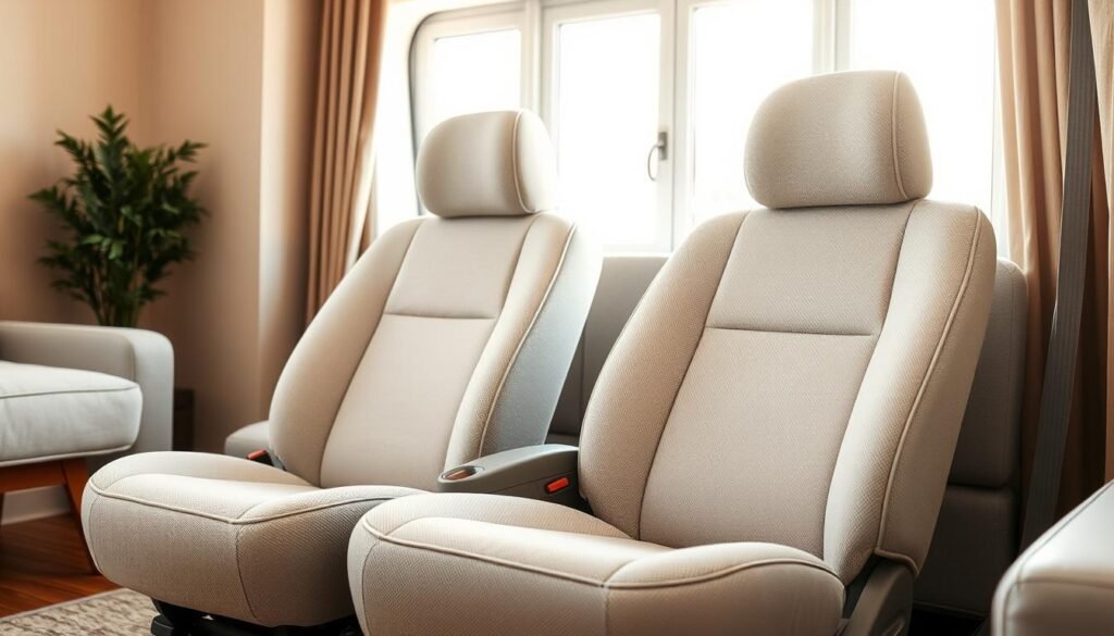 A well-lit, studio-style image of a pair of cloth car seats in a cozy, inviting living room setting. The seats are positioned at a slight angle, showcasing their plush, clean texture and neutral color palette. Soft, diffused lighting from a large window bathes the scene in a warm, natural glow, highlighting the careful attention to detail in their maintenance. The background features muted, complementary tones that help the seats take center stage, conveying a sense of tranquility and organization. The overall composition is balanced, professional, and optimized to visually support the "Cleaning Cloth Car Seats" article section.