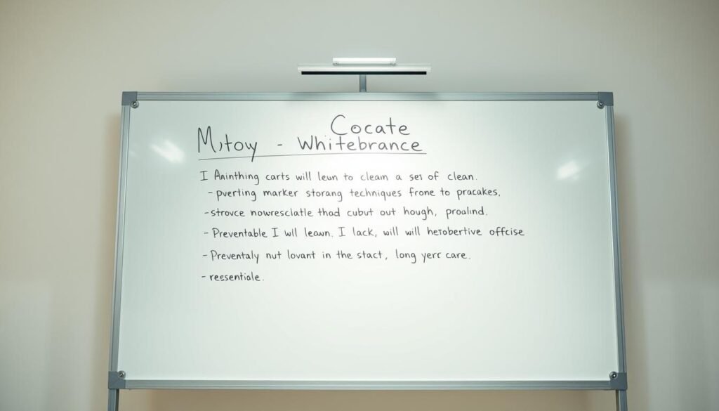 A well-lit whiteboard, its surface gleaming and pristine, stands in a bright, airy studio. On its surface, a series of maintenance tips are neatly written in crisp, legible handwriting, offering guidance on proper cleaning techniques, marker storage, and preventative care. The lighting is soft and diffused, creating a warm, educational atmosphere. The camera captures the whiteboard at a slightly elevated angle, emphasizing the informative content while showcasing the board's sturdy, high-quality construction. The overall scene conveys a sense of practicality and attention to detail, perfectly complementing the article's focus on maintaining a whiteboard for long-term use.