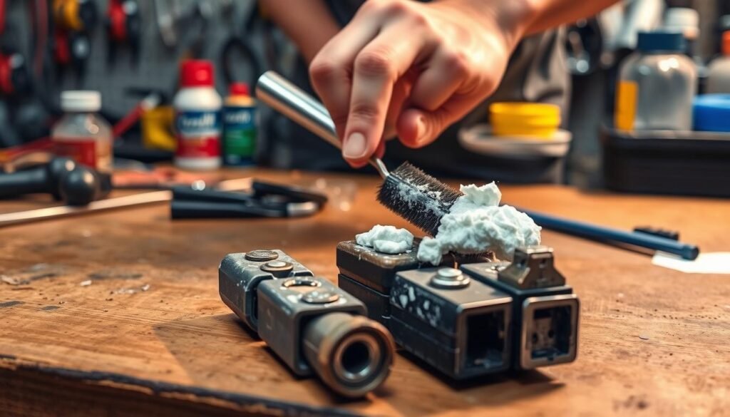 A well-lit workbench with a pair of corroded car battery terminals in the foreground. In the middle ground, a person's hands are gently scrubbing the terminals with a small wire brush and a paste of baking soda and water. The background shows various automotive tools and supplies, conveying a mechanic's workshop atmosphere. Warm, soft lighting casts subtle shadows, emphasizing the delicate cleaning process. The image captures the step-by-step guide to easily restoring battery terminals using a simple household solution.