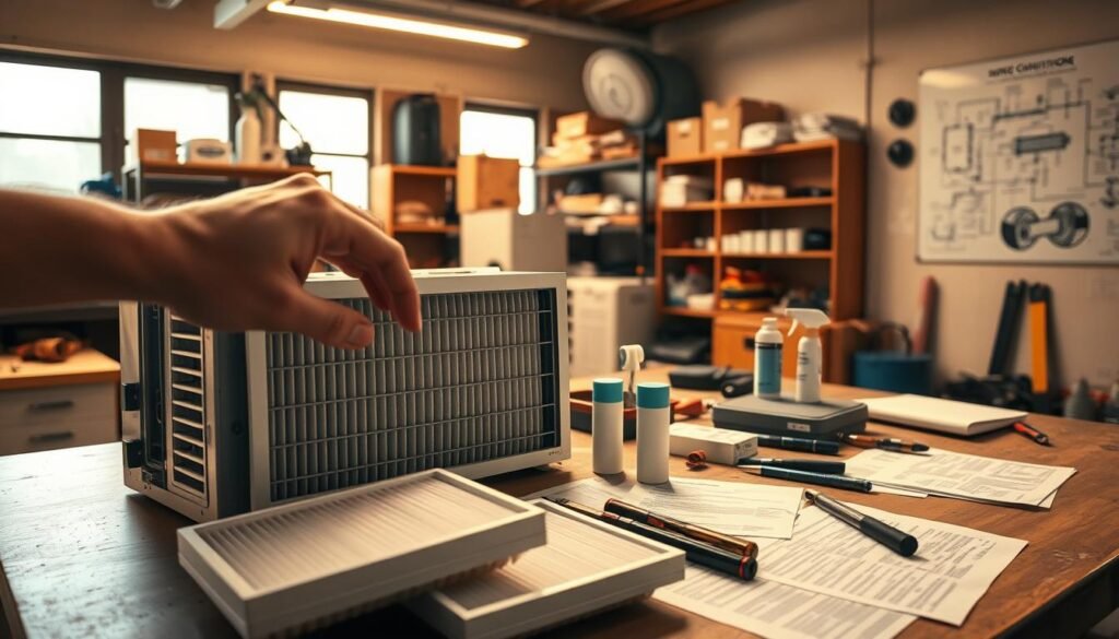 A well-lit workshop interior, with a central workbench and various tools and equipment for HVAC maintenance. In the foreground, an air conditioning unit filter is being closely examined, with a technician's hand gently manipulating it. The middle ground features additional filters, cleaning supplies, and reference materials spread out, suggesting an ongoing troubleshooting process. The background showcases shelves of spare parts and a wall-mounted schematic diagram, providing a sense of technical expertise and a professional setting. The lighting is warm and directional, casting shadows and highlighting the details of the scene, creating a mood of focused problem-solving. A well-lit workshop interior, with a central workbench and various tools and equipment for HVAC maintenance. In the foreground, an air conditioning unit filter is being closely examined, with a technician's hand gently manipulating it. The middle ground features additional filters, cleaning supplies, and reference materials spread out, suggesting an ongoing troubleshooting process. The background showcases shelves of spare parts and a wall-mounted schematic diagram, providing a sense of technical expertise and a professional setting. The lighting is warm and directional, casting shadows and highlighting the details of the scene, creating a mood of focused problem-solving.