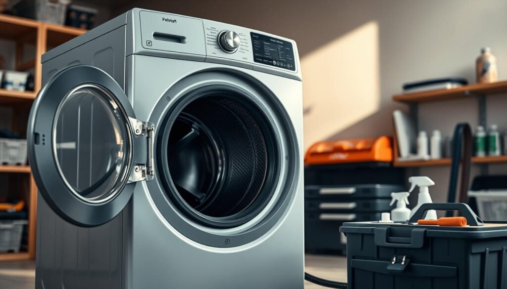 A well-lit workshop interior with a front-loading washing machine in the foreground. The machine is open, revealing its inner workings - the drum, hoses, and other components. Nearby, a toolbox and cleaning supplies are neatly arranged, suggesting an ongoing maintenance process. The background features neutral-toned walls and shelving, creating a sense of order and organization. Soft, directional lighting casts shadows that emphasize the machine's intricate structure, highlighting the importance of regular care and upkeep. The overall mood is one of diligence and attention to detail, conveying the essential steps required to maintain a washing machine's longevity.