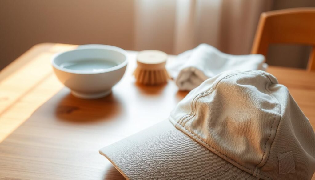 A well-lit workspace with a clean, wooden surface. In the foreground, a baseball cap resting on the table, its brim slightly curved. The cap's fabric is slightly faded, but the vibrancy can be restored. In the middle ground, a small bowl of warm soapy water, a soft-bristled brush, and a clean, lint-free cloth. The background is blurred, creating a sense of focus on the cap maintenance process. Subtle, natural lighting casts a warm glow, highlighting the textures and details of the cap and the tools used to refresh it. The overall mood is one of care and attention to detail, reflecting the importance of proper baseball cap maintenance. A well-lit workspace with a clean, wooden surface. In the foreground, a baseball cap resting on the table, its brim slightly curved. The cap's fabric is slightly faded, but the vibrancy can be restored. In the middle ground, a small bowl of warm soapy water, a soft-bristled brush, and a clean, lint-free cloth. The background is blurred, creating a sense of focus on the cap maintenance process. Subtle, natural lighting casts a warm glow, highlighting the textures and details of the cap and the tools used to refresh it. The overall mood is one of care and attention to detail, reflecting the importance of proper baseball cap maintenance.