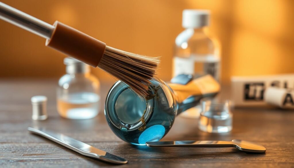 A well-maintained glass pipe, its surface glistening under warm, natural lighting. In the foreground, a delicate brush hovers over the pipe's interior, meticulously removing traces of resin buildup. The middle ground features a collection of specialized cleaning tools, including a metal scraper and a small jar of isopropyl alcohol. In the background, a serene, minimalist setting with earthy tones, emphasizing the importance of regular, thoughtful maintenance to prevent odors and ensure a clean, enjoyable smoking experience.