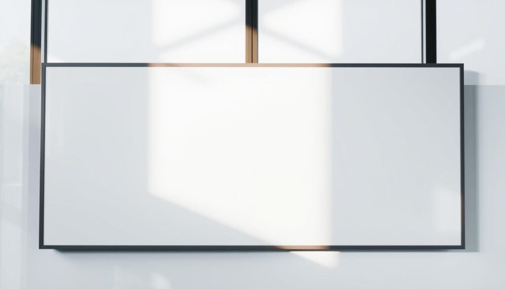 A well-maintained, pristine whiteboard with a clean, sleek surface, illuminated by natural light streaming through large windows. The board is mounted on a minimalist, matte black frame, creating a modern, uncluttered aesthetic. The surface is free from any ghosting, stains, or markings, reflecting the room's interior with a smooth, glossy finish. The lighting casts a warm, even glow, highlighting the board's clarity and the subtle texture of the surface. The scene conveys a sense of order, productivity, and longevity, perfectly capturing the essence of "Make your whiteboard last years longer."