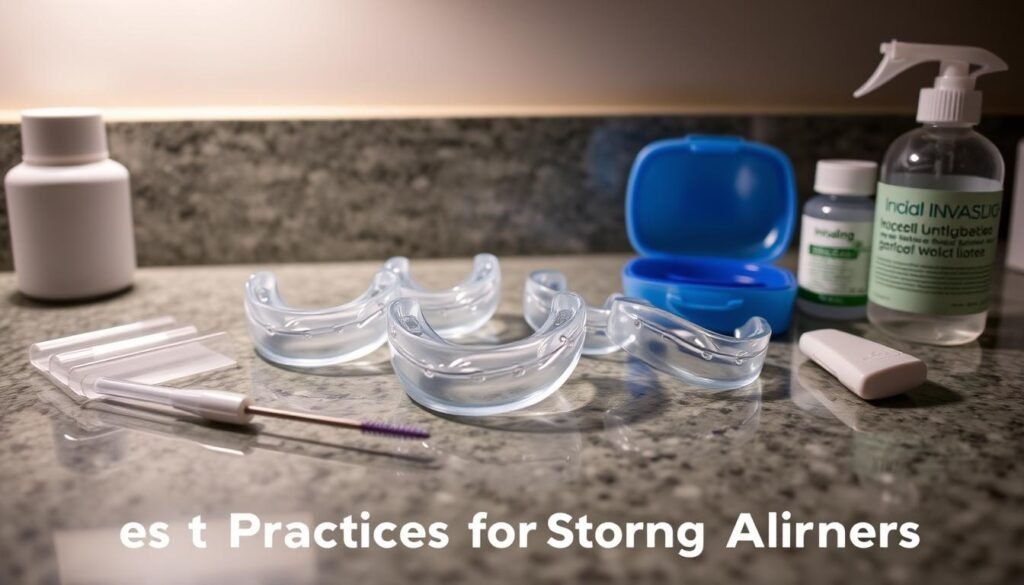 A well-organized and cleanly presented countertop, dimly lit by a soft, warm overhead light. In the center, a set of clear, transparent Invisalign aligners neatly arranged, their intricate shapes and subtle contours visible. Surrounding them, a selection of Invisalign-approved cleaning tools and accessories, such as a small cleaning brush, a storage case, and a disinfecting solution, all positioned with care. The overall scene conveys a sense of order, cleanliness, and attention to detail, perfectly suited for the "Best Practices for Storing Aligners" section of the article.