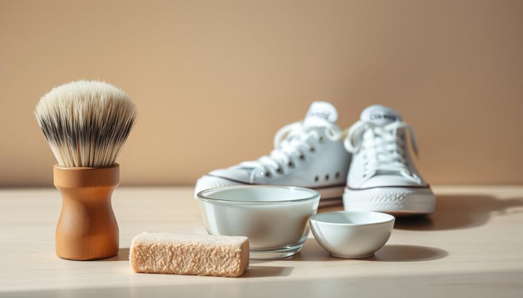 A well-organized arrangement of cleaning supplies for refreshing white Converse shoes, captured in soft, natural lighting. In the foreground, a soft-bristled brush, a suede eraser, and a small bowl of mild detergent solution stand ready. Behind them, a pair of Converse sneakers rests on a pale wooden surface, awaiting their transformation. In the background, a muted, earthy-toned wall provides a serene, minimalist backdrop, accentuating the simplicity of the task at hand. The overall mood is one of quiet diligence, inviting the viewer to embark on a satisfying shoe-cleaning journey.