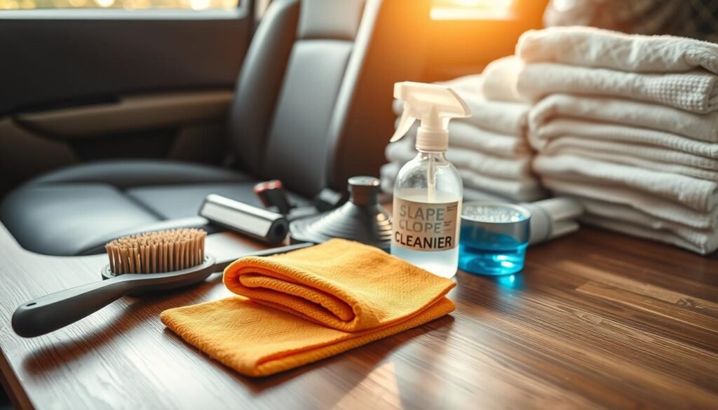 A well-organized array of car seat cleaning tools placed on a wooden surface, illuminated by warm, natural light filtering in through a window. In the foreground, a sturdy brush, a microfiber cloth, and a spray bottle filled with a mild cleaning solution. In the middle ground, a small vacuum cleaner attachment and a specialized car seat cleaner. In the background, a set of clean, dry towels. The scene conveys a sense of preparedness and organization, ready to tackle the task of thoroughly cleaning cloth car seats.