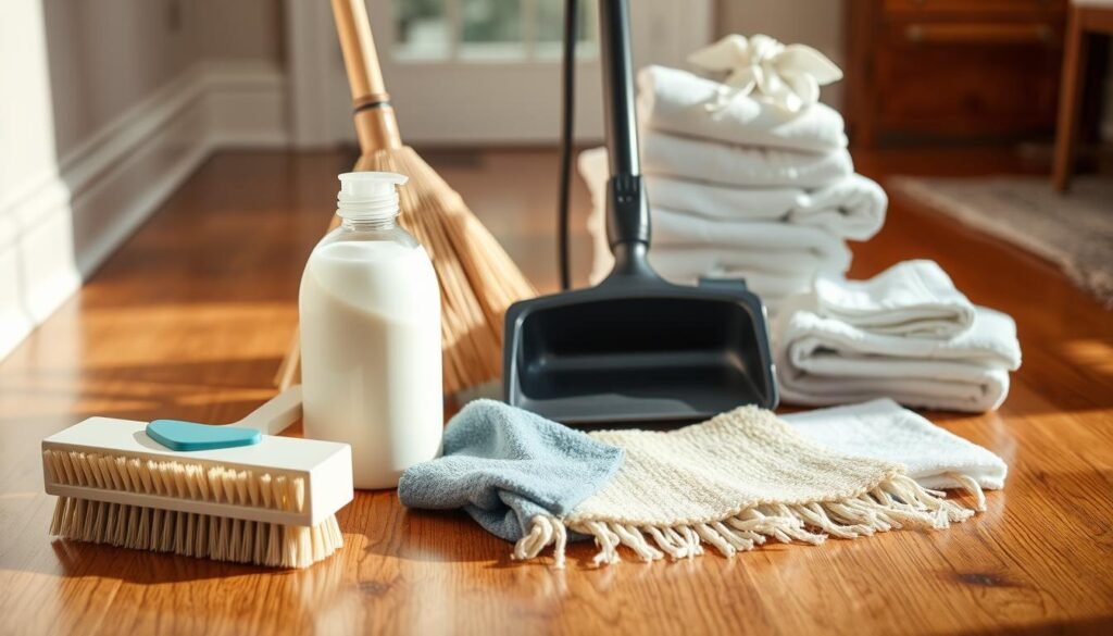 A well-organized collection of cleaning essentials for wool rugs sits atop a hardwood floor, bathed in warm, natural lighting. In the foreground, a soft-bristled scrub brush, a gentle detergent, and a microfiber cloth stand ready for action. The middle ground features a stiff-bristled broom and a dustpan, complemented by a handheld vacuum cleaner. In the background, a spray bottle filled with a specialized wool rug cleaner, along with a set of clean white towels, complete the comprehensive kit. The overall scene conveys a sense of purposeful organization and preparedness, setting the stage for effortless wool rug cleaning.