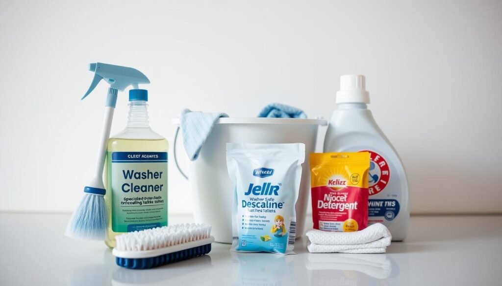 A well-organized collection of cleaning supplies for a washing machine stands on a clean, tidy surface. In the foreground, a bottle of specialized washer cleaner, a scrub brush, and a pack of washer-safe descaling tablets are prominently displayed. In the middle ground, a small bucket, a clean microfiber cloth, and a bottle of washing machine detergent are neatly arranged. The background subtly features a neutral-colored wall, creating a sense of order and focus on the essential tools needed to maintain a washing machine. The lighting is soft and diffused, highlighting the products' textures and colors, conveying a mood of diligence and care for appliance longevity.