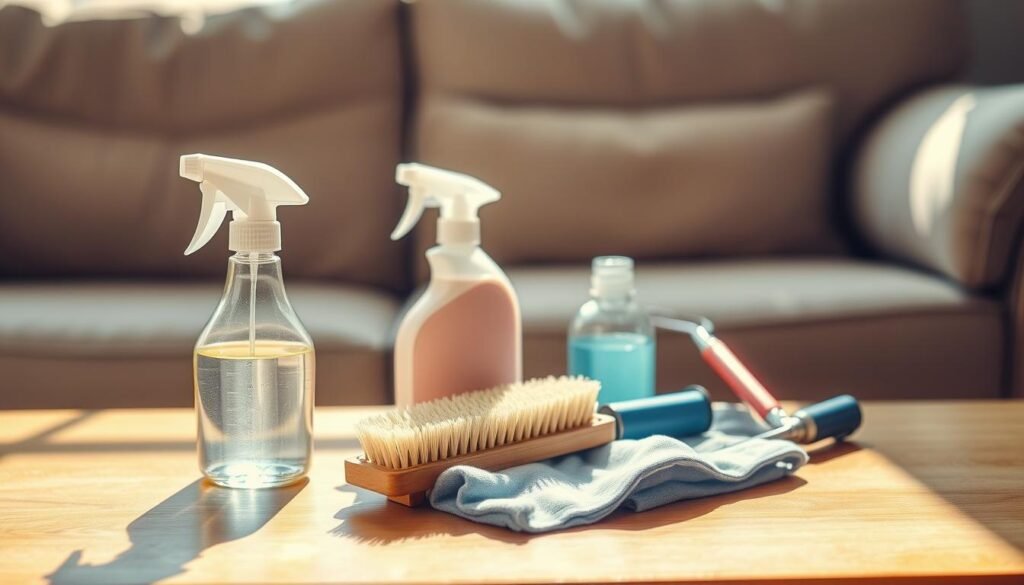 A well-organized couch cleaning kit rests on a wooden table, bathed in warm, natural light. In the foreground, a spray bottle, a soft-bristled brush, and a microfiber cloth stand ready. In the middle ground, a bottle of upholstery cleaner and a lint roller add to the assortment. The background features a plush, neutral-toned couch, hinting at the soon-to-be-refreshed target of this meticulous cleaning routine. The overall scene conveys a sense of organization, efficiency, and a dedication to maintaining a clean, inviting living space.