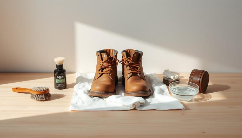 A well-organized, finely-detailed still life depicting the essential materials for cleaning Timberland boots. In the foreground, a pair of worn Timberland boots sits atop a soft, white cloth. Surrounding the boots are neatly arranged cleaning supplies - a stiff-bristled brush, a small leather conditioner tin, a lint-free cloth, and a small bowl of water. The middle ground features a light wooden surface, casting soft shadows across the scene. The background is a plain, neutral wall, allowing the subject to take center stage. The lighting is natural, diffuse, and evenly illuminates the composition, creating a warm, inviting atmosphere. The overall mood is one of practicality and care, reflecting the importance of proper boot maintenance. A well-organized, finely-detailed still life depicting the essential materials for cleaning Timberland boots. In the foreground, a pair of worn Timberland boots sits atop a soft, white cloth. Surrounding the boots are neatly arranged cleaning supplies - a stiff-bristled brush, a small leather conditioner tin, a lint-free cloth, and a small bowl of water. The middle ground features a light wooden surface, casting soft shadows across the scene. The background is a plain, neutral wall, allowing the subject to take center stage. The lighting is natural, diffuse, and evenly illuminates the composition, creating a warm, inviting atmosphere. The overall mood is one of practicality and care, reflecting the importance of proper boot maintenance.