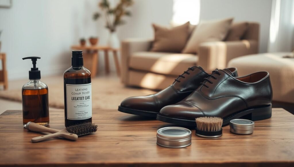 A well-organized leather shoe care scene set in a warm, cozy home environment. In the foreground, a pair of polished brown leather dress shoes stands on a wooden table, their surfaces gleaming under soft, natural lighting. Nearby, an assortment of shoe care essentials are neatly arranged: a leather conditioner, a horsehair shine brush, and a small tin of shoe polish. The middle ground features a plush, neutral-toned area rug and a comfortable armchair, creating a relaxing, inviting atmosphere. The background subtly suggests a clean, minimalist living space with neutral walls and simple decor, allowing the shoe care items to be the focal point. The overall mood is one of effortless sophistication and attention to detail.