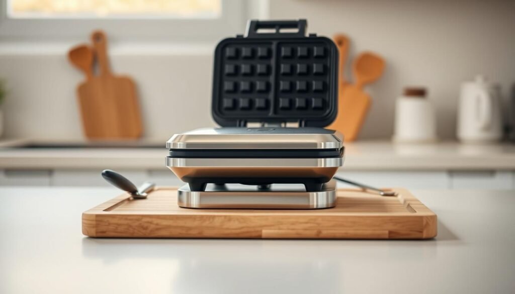 A well-organized, minimalist kitchen counter with a sleek, stainless steel waffle iron resting on a wooden cutting board. The waffle iron is positioned centrally, its surface gleaming under the warm, diffused lighting from a window in the background. Surrounding the waffle iron are a few simple kitchen utensils, neatly arranged to complement the overall clean, streamlined aesthetic. The background is softly blurred, creating a sense of depth and focus on the waffle iron as the central point of interest. The overall mood is one of calm, order, and practicality, reflecting the efficient storage and maintenance of this essential kitchen appliance.