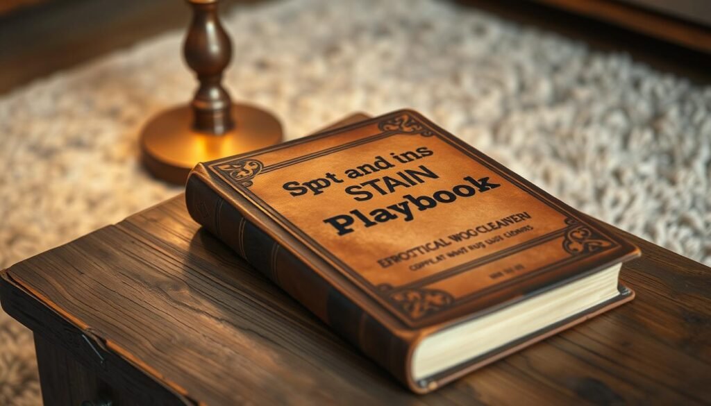 A well-worn leather-bound book titled "Spot and Stain Playbook" rests atop a rustic wooden table. The book's cover features intricate embossed designs, hinting at the wealth of practical cleaning knowledge contained within. Soft, warm lighting from a nearby lamp casts a cozy glow, highlighting the book's aged, textured pages. In the background, a plush, neutral-toned area rug provides a serene and inviting backdrop, complementing the overall scene. The composition evokes a sense of approachable expertise, ready to guide the viewer through the nuances of effortless wool rug cleaning.
