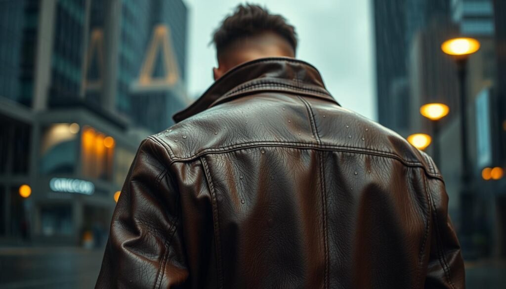 A well-worn leather jacket, its surface weathered and textured, stands in the foreground against a backdrop of a rainy cityscape. Droplets of water glisten on the supple material, highlighting its resilience. In the middle ground, the jacket's owner stands resolute, their face partially obscured by the collar's upturned protective shield. Soft, warm lighting from a nearby street lamp casts a gentle glow, illuminating the jacket's rich, brown hue. The scene conveys a sense of rugged elegance, as the jacket serves as a reliable shield against the elements, reflecting the wearer's determination to maintain its timeless appeal.