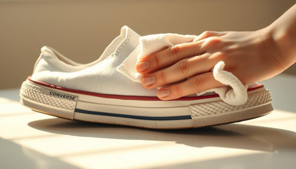 A white Converse shoe, its canvas surface scuffed and worn, is placed on a clean, well-lit surface. In the foreground, a hand gently rubs the scuffed area with a soft, damp cloth, working to lift and remove the stubborn marks. The lighting is soft and diffused, casting a warm, natural glow that highlights the shoe's texture and the delicate cleaning motion. The background is blurred, allowing the viewer to focus on the cleaning process and the shoe's gradual restoration to its former brightness.