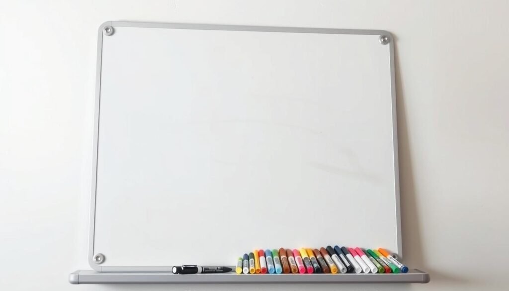A whiteboard with a slightly worn, off-white surface, standing upright against a plain, light-colored wall. The surface is clean, save for a few faint ghostly traces of previous writings. A collection of dry erase markers in various colors are neatly arranged on a ledge below, their caps off, ready for use. The lighting is soft and diffused, creating subtle shadows that accentuate the texture of the board. The camera angle is slightly angled, giving a sense of depth and perspective. The overall mood is one of simplicity and functionality, inviting the viewer to imagine the board being used to solve problems, brainstorm ideas, or convey important information.