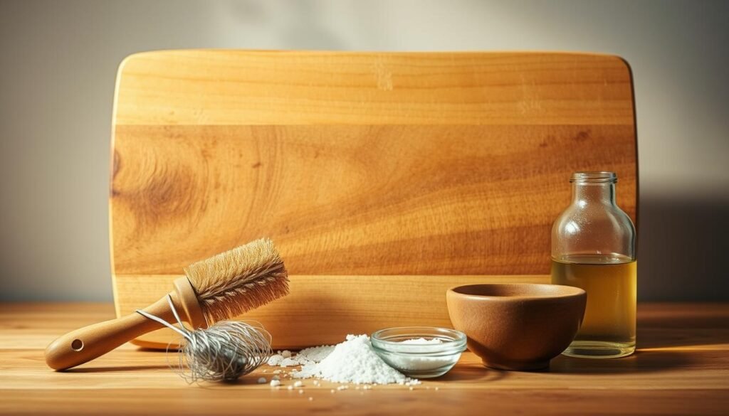 A wooden cutting board, its surface weathered and scarred, lies against a neutral background. Close-up, the board is illuminated by a warm, directional light, casting subtle shadows and highlighting the grain. In the foreground, a wire brush, coarse salt, and a small bowl of natural cleaning solution stand ready to tackle the tough stains and accumulated grime. The scene conveys a sense of focused attention and care, as if the viewer is about to embark on a thorough, deep-cleaning ritual to restore the board's pristine condition and ensure its continued hygiene and durability.
