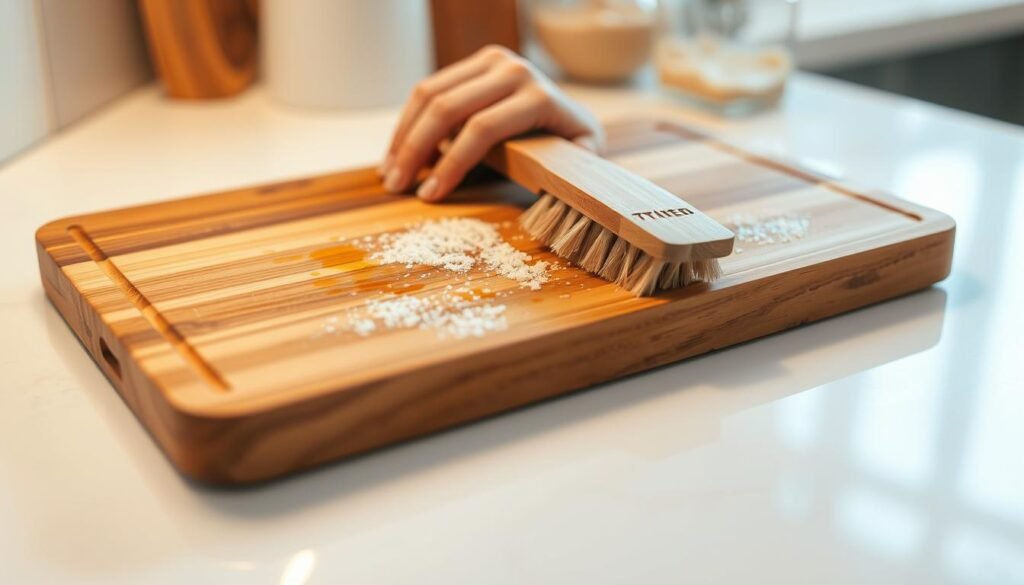 A wooden cutting board rests on a clean, well-lit kitchen counter. The board's surface is being gently scrubbed with a natural fiber brush, removing any residual food particles or stains. The lighting creates a warm, inviting atmosphere, emphasizing the wood's rich grain and texture. The camera angle is slightly elevated, capturing the entire scene in sharp focus, allowing the viewer to observe the meticulous cleaning process. A sense of care and attention to detail is conveyed, reflecting the importance of maintaining a hygienic and durable cutting board for food preparation.