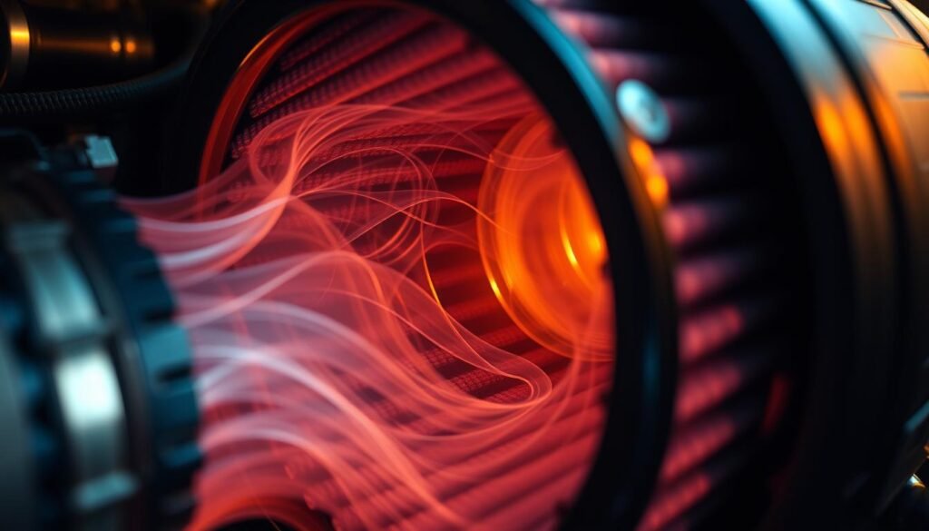 Airflow in vehicle performance: A detailed cross-sectional view of a high-performance air filter housing, showcasing the complex patterns of air movement and turbulence. Capture the intricate flow of air as it navigates the filter medium, with dynamic streamlines and eddies visible. Use a cinematic lighting setup with warm, directional illumination to emphasize the technical nature of the subject. Render the scene with a technical, engineering-focused aesthetic, using a tight, close-up camera angle to highlight the filter's internal components and airflow dynamics. Convey a sense of precision and optimization, reflecting the importance of a properly maintained air filter for optimal engine performance.