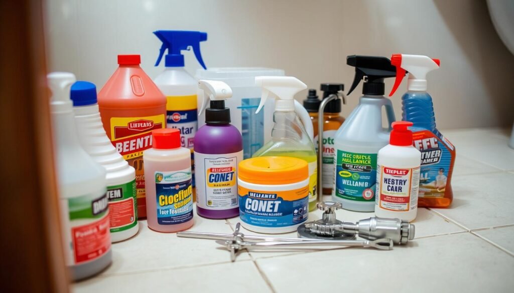 An arrangement of various chemical drain cleaning products, including bottles, canisters, and metal tools, placed on a tiled bathroom floor. The items are well-lit, showcasing their translucent containers, vibrant labels, and metallic hardware. The scene conveys a sense of utility and functionality, hinting at the task of clearing a clogged sink drain. The background is slightly blurred, maintaining focus on the cleaning supplies as the central subject. The overall mood is one of cleanliness, efficiency, and problem-solving.
