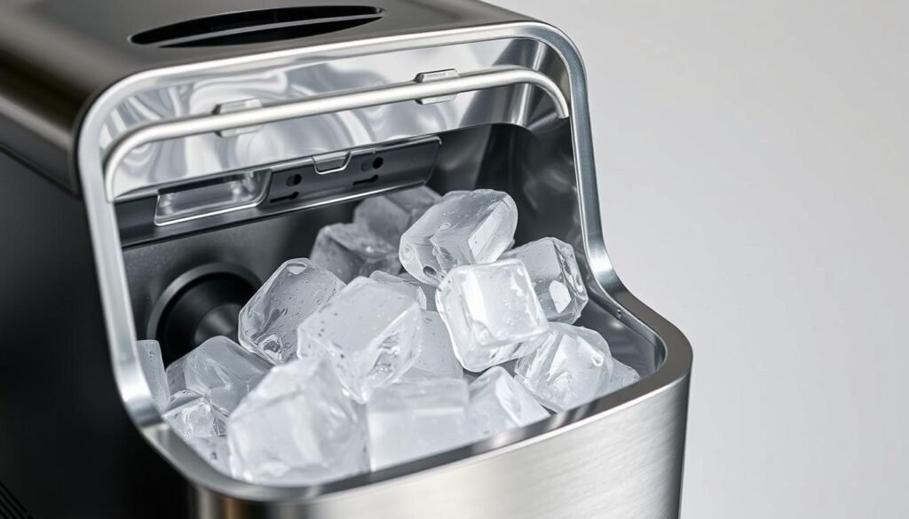 An ice maker, its gleaming metal exterior set against a stark white backdrop, the interior chambers exposed, revealing the intricate mechanisms that transform water into perfect cubes. Soft, directional lighting illuminates the cleaning process, showcasing the removal of built-up mineral deposits and grime. The image conveys a sense of attention to detail and the importance of regular maintenance for optimal ice maker performance, reflecting the informative tone of the article's section on cleaning frequency.