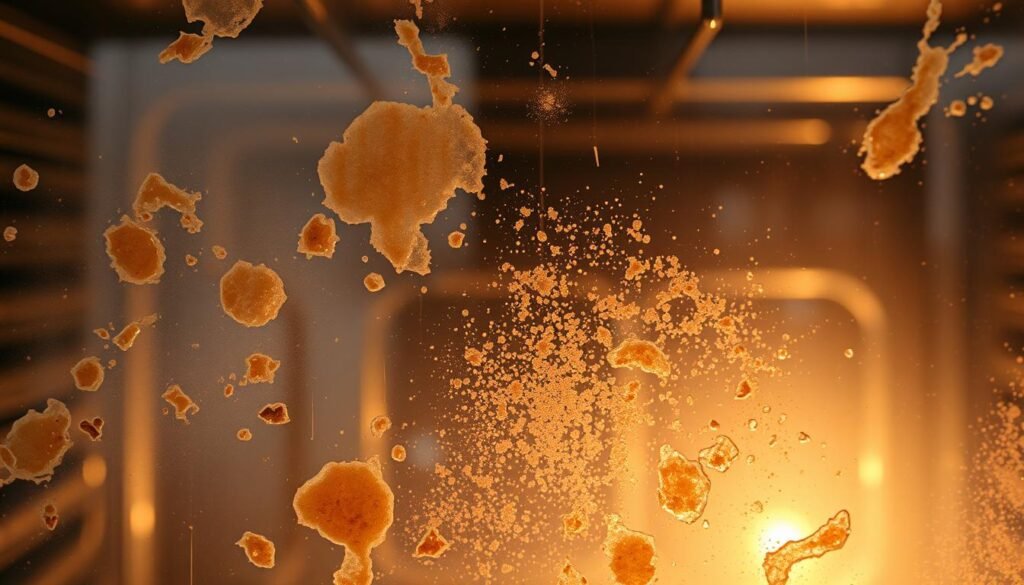 An interior close-up photograph of common oven glass stains, captured under soft, warm lighting. In the foreground, distinct baked-on grease splatters, discoloration, and hazy smudges are visible on the glass surface. The middle ground reveals a mixture of dried food residue and mineral deposits, creating a speckled pattern across the pane. The background showcases the reflection of the oven's interior, providing context and depth to the scene. The image conveys the gritty, stubborn nature of these common oven glass stains, setting the stage for the article's focus on effective cleaning methods.