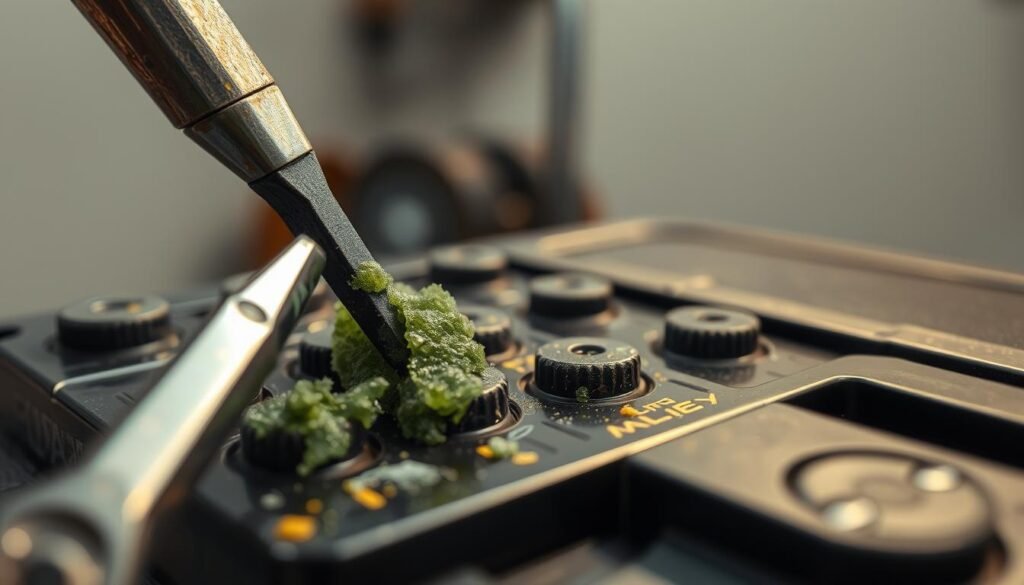 An intricate close-up view of a battery terminal, showcasing the process of cleaning corrosion. The foreground features a pair of metal tools gently scrubbing away the green, crystalline buildup on the battery contacts. The middle ground reveals the battery's surface, with a subtle play of warm, directional lighting casting shadows that accentuate the textural details. In the background, a neutral, slightly blurred setting suggests a workshop or garage environment, providing a sense of context. The overall tone conveys a sense of focused, meticulous attention to detail, guiding the viewer through the delicate task of restoring a battery to pristine condition.