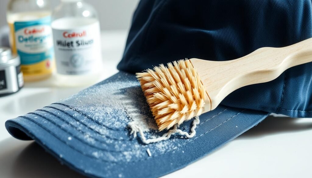 Cleaning baseball caps: a well-lit closeup, showcasing the intricate process. A worn, navy blue cap rests on a clean, white surface, its fabric gently brushed with a soft-bristled brush, removing accumulated dirt and grime. In the background, a selection of cleaning supplies - a mild detergent, a spray bottle filled with a gentle solution, and a plush microfiber cloth - hint at the care and attention required to restore the cap to its former glory. Soft, natural lighting illuminates the scene, casting subtle shadows and highlighting the delicate textures of the fabric. The overall mood is one of quiet focus and attention to detail, reflecting the importance of properly maintaining one's beloved baseball caps.