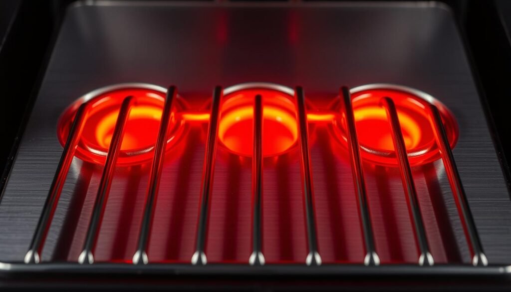 Close-up shot of a set of heating coils on a metal toaster grate, viewed from slightly above. The coils are glowing a bright orange-red, indicating they are actively heating up. The surface of the grate is a matte silver color, contrasting sharply with the vivid heating elements. The lighting is stark and dramatic, casting strong shadows that emphasize the curves and textures of the coils. The overall mood is one of caution and danger, hinting at the potential hazards of touching the hot surfaces. The image should convey a sense of the power and intensity of these heating elements, highlighting the need for care and attention when cleaning or handling a toaster.