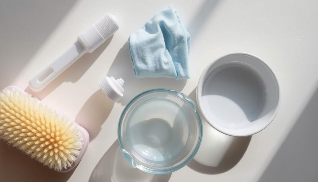 Crisp, well-lit tabletop filled with the essential electric blanket cleaning supplies: a soft-bristle brush, a mild detergent in a squeeze bottle, a clean microfiber cloth, and a small bowl of warm water. The items are neatly arranged on a neutral-colored surface, casting gentle shadows that create depth and dimension. The overall scene conveys a sense of order and preparedness, setting the stage for a thorough and effective cleaning process.