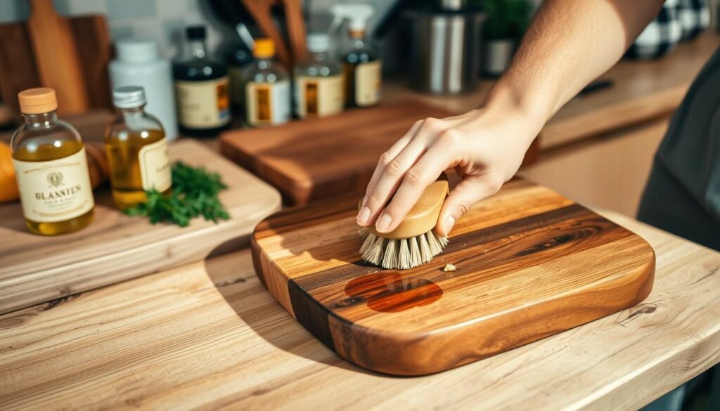 Cutting boards on a rustic wooden countertop, freshly oiled and well-maintained. In the foreground, a person's hands gently scrubbing the board with a natural fiber brush, removing any debris. Soft, warm lighting illuminates the scene, highlighting the rich grain of the wood. In the background, a collection of kitchen utensils, oils, and cleaning supplies neatly arranged, reflecting the importance of regular cutting board care. The overall atmosphere conveys a sense of diligence, attention to detail, and a commitment to preserving the longevity and hygiene of this essential kitchen tool.