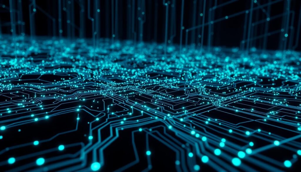 Detailed 3D visualization of digital system data. Intricate network of interconnected nodes, cables, and circuits in a sleek, minimalist design. Glowing blue and green accents highlight the flow of information, creating a serene, futuristic atmosphere. Soft, indirect lighting casts long shadows, emphasizing the depth and complexity of the data landscape. Camera positioned at a slight angle to convey a sense of scale and grandeur, drawing the viewer into the immersive technological environment. The overall impression is one of highly organized, efficient data management, reflecting the "Keep System Data low with smart habits" theme.