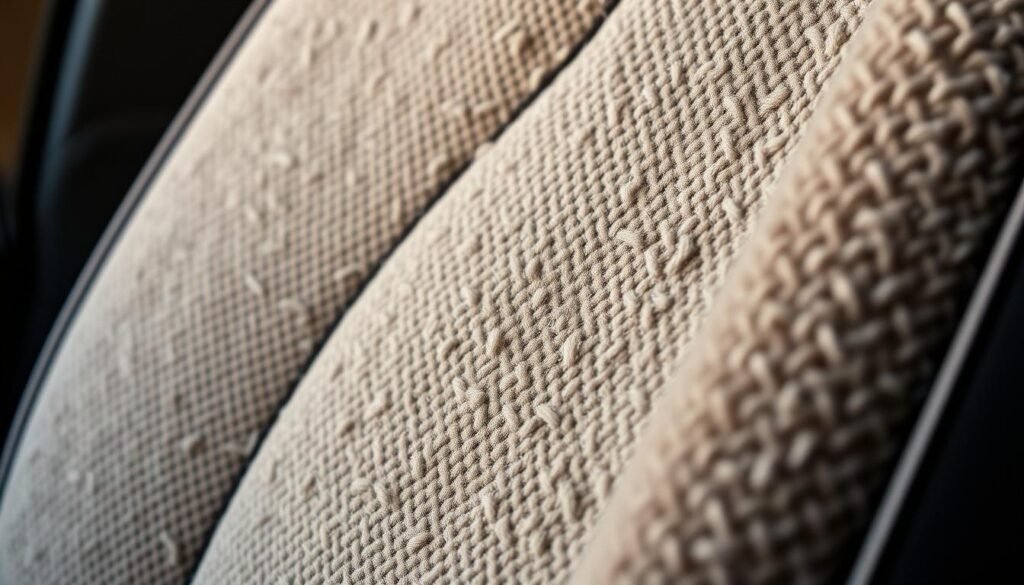 Detailed close-up of a plush, finely-textured automotive seat fabric in a muted, neutral color palette. The fabric has a soft, velvety nap with a subtle diamond-shaped pattern, capturing the natural imperfections and variations in the weave. Lighting is warm and indirect, highlighting the depth and richness of the material. The image is framed tightly to emphasize the tactile nature of the fabric, encouraging the viewer to imagine the comfort and durability of the car seat upholstery. The overall mood is one of quality, coziness, and practicality - reflecting the subject of cleaning and maintaining such fabrics in a vehicle interior.