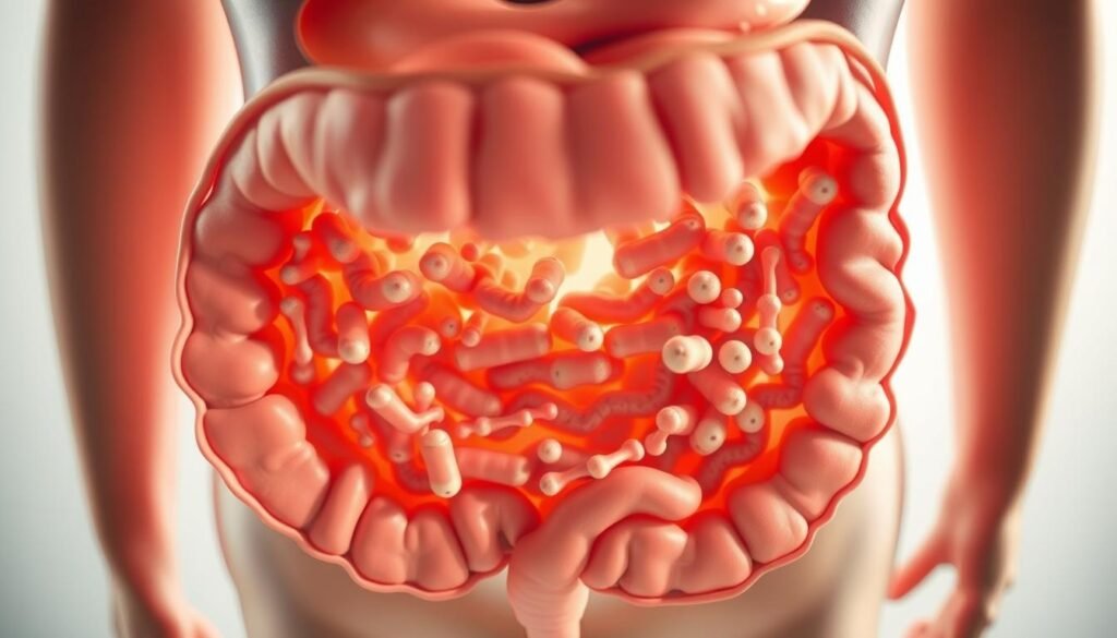 Detailed, cross-sectional illustration of a healthy human gut, showcasing its intricate structure and microbiome diversity. Vibrant, muted color palette with warm tones. Crisp, high-resolution details emphasize the gut lining, intestinal villi, and the abundance of beneficial gut bacteria. Soft, indirect lighting from the side creates depth and dimensionality. Slight, subtle fisheye lens distortion to enhance the organic, natural feel. The image conveys a sense of balance, harmony, and the vital importance of gut health for overall well-being.