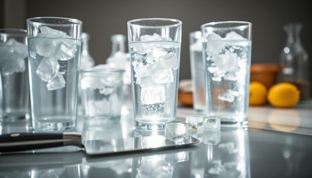 Detailed glass containers filled with purified water, arranged on a clean, reflective surface. Bright, diffused lighting illuminates the scene, highlighting the clarity and purity of the water. In the foreground, a sharp chef's knife and a few ice cubes sit nearby, creating a sense of anticipation for the freezing process. The background is softly blurred, drawing the viewer's attention to the central elements and the visual drama of the clear ice preparation.