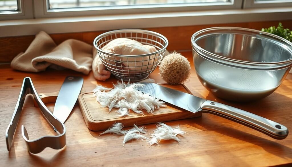 Detailed still life image of various chicken-cleaning utensils arranged on a wooden countertop or table. In the foreground, a set of stainless steel tongs, a meat cleaver, and a cutting board with chicken feathers scattered on it. In the middle ground, a wire mesh strainer, a plastic scrub brush, and a stainless steel bowl filled with soapy water. In the background, a neutral-toned kitchen towel and a sprig of fresh herbs. Bright, even natural lighting from a nearby window casts soft shadows, giving the scene a clean, organized feel. The overall composition emphasizes the tools and supplies needed for thoroughly cleaning chicken.