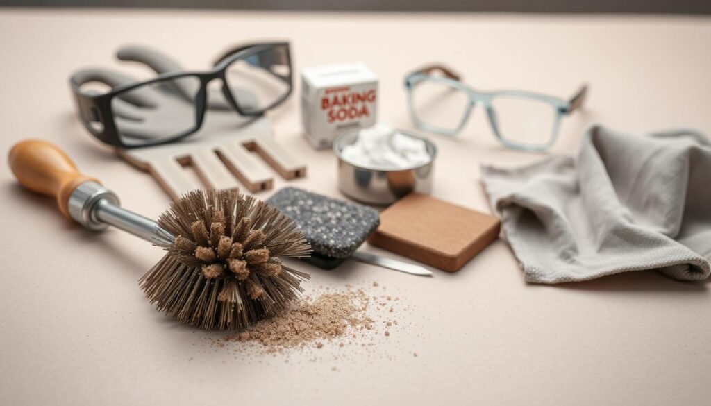 Detailed still life shot of a collection of tools used for cleaning battery corrosion, arranged on a clean, neutral-colored surface. In the foreground, a wire brush, sandpaper, and a small scrub pad. In the middle ground, a pair of protective gloves and safety glasses. In the background, a small container of baking soda and a rag. The lighting is soft and even, creating subtle shadows and highlighting the textures of the tools. The overall mood is one of organization and practicality, conveying the necessary equipment for effectively removing battery corrosion.