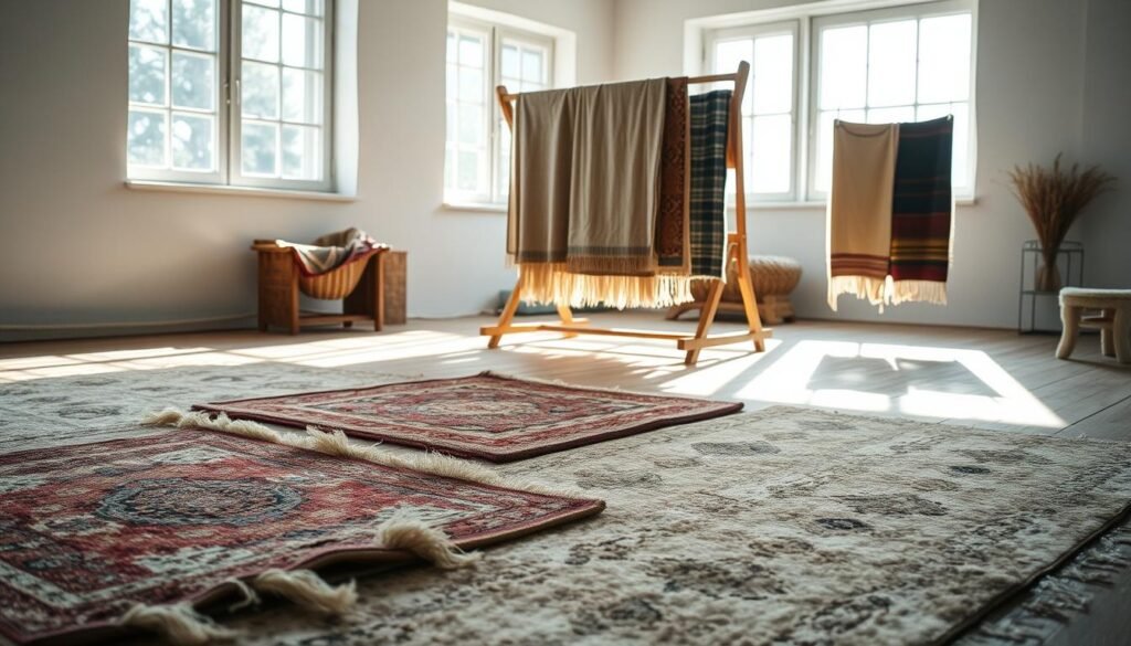 Drying wool rugs in a sun-dappled room, soft natural light filtering through large windows. In the foreground, several hand-woven rugs are laid out on a wooden floor, their colors and textures vivid. Midground, a wooden drying rack holds more rugs, gently swaying in a gentle breeze. The background features whitewashed walls and simple furnishings, creating a serene, rustic ambiance. The scene conveys a sense of care and attention to detail, reflecting the delicate process of maintaining the beauty and longevity of cherished wool rugs.