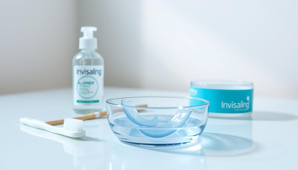 Foreground: A collection of Invisalign cleaning products, including a specialized cleaning solution, a soft-bristled toothbrush, and a small container for soaking the aligners. The products are arranged neatly on a clean, white surface, reflecting the attention to detail required for proper Invisalign maintenance. Middle: The Invisalign aligners themselves, resting in the cleaning solution, their clear, sleek design highlighting the discreet nature of the orthodontic treatment. Background: A minimalist, well-lit setting, with soft, diffused lighting accentuating the clinical, yet approachable, atmosphere of the daily cleaning routine. Prompt A clean, white surface showcasing a collection of Invisalign cleaning products: a specialized solution, a soft-bristled toothbrush, and a small container for soaking the clear, sleek aligners, all resting in a minimalist, well-lit setting with soft, diffused lighting, highlighting the attention to detail required for proper Invisalign maintenance.