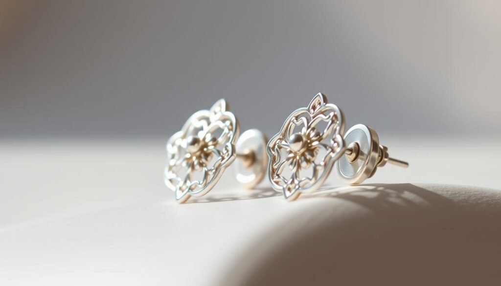 Gleaming silver earrings, their delicate filigree design catching the soft light. A pair of statement studs, their gentle curves subtly reflecting the ambient illumination. Set against a neutral background, the earrings take center stage, their metallic luster hinting at their timeless elegance. The composition emphasizes the earrings' intricate details, showcasing their pristine, unblemished finish. A sense of refinement and sophistication permeates the scene, inviting the viewer to appreciate the beauty of well-maintained, pristine silver jewelry. Gleaming silver earrings, their delicate filigree design catching the soft light. A pair of statement studs, their gentle curves subtly reflecting the ambient illumination. Set against a neutral background, the earrings take center stage, their metallic luster hinting at their timeless elegance. The composition emphasizes the earrings' intricate details, showcasing their pristine, unblemished finish. A sense of refinement and sophistication permeates the scene, inviting the viewer to appreciate the beauty of well-maintained, pristine silver jewelry.