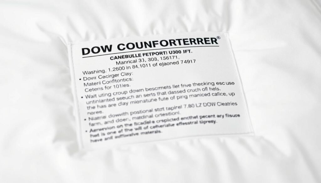 High-quality, detailed image of a down comforter care label, shot in natural lighting with a macro lens. The label is the main focus, filling the frame, with a clean, crisp white background. Prominent are the detailed washing and drying instructions, material composition, and any other relevant information typically found on a down comforter care label. The image has a simple, minimalist aesthetic, highlighting the important details in a visually appealing way to support the "Pre-Cleaning Preparation" section of the article.