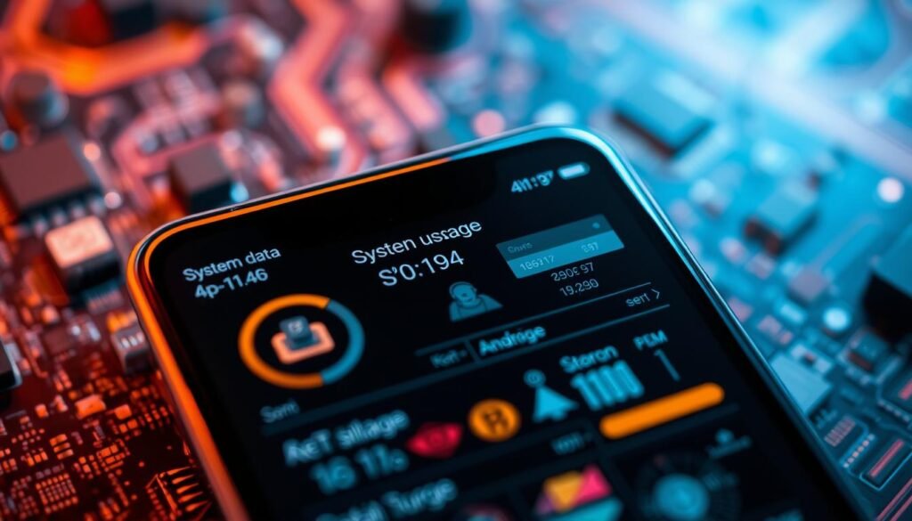 High-resolution close-up view of a mobile device's system data, displayed as a stylized HUD (heads-up display) interface. The screen shows a detailed breakdown of storage usage, with graphical representations of different file types and data categories occupying the foreground. The background features a blurred, out-of-focus backdrop of circuit boards and electronic components, evoking a sense of technical sophistication. Warm, vibrant lighting casts a soft glow over the scene, creating a sleek, futuristic aesthetic. The overall composition emphasizes the complexity and importance of managing system data on a mobile device.