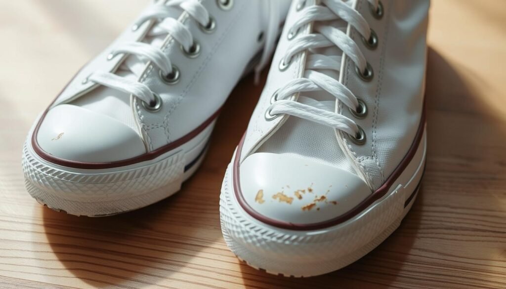 Inspecting Converse shoes for damage, close-up view of white leather sneakers on a wooden surface. Bright, even lighting from the side casts soft shadows, highlighting the texture and condition of the material. The shoes are tilted slightly, revealing the wear patterns on the soles and toe caps. Meticulously examine the canvas, stitching, and rubber for any signs of scuffs, discoloration, or deterioration. The overall scene conveys a sense of care and attention to detail, as if preparing the shoes for a thorough cleaning.