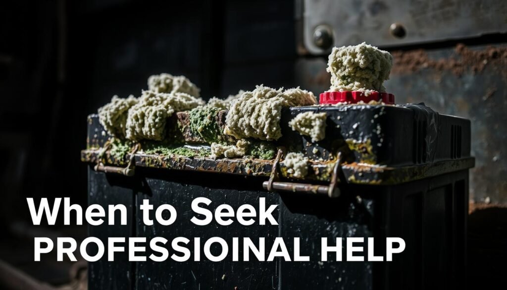 Severe battery corrosion, with thick white and green deposits covering the terminal connections. Dramatic chiaroscuro lighting casts dramatic shadows, highlighting the rough, textured surfaces. The battery is placed against a stark, industrial backdrop, emphasizing the sense of neglect and decay. The overall atmosphere conveys a sense of urgency and the need for immediate attention, reflecting the "When to Seek Professional Help" section title.