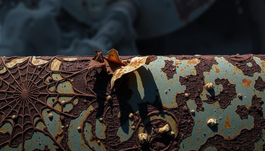 Severe corrosion damage, with a rusted, pitted, and discolored metal surface. Intricate web-like patterns of oxidation spread across the foreground, casting deep shadows that hint at the depth of the decay. In the middle ground, flakes of corroded material peel away, revealing the underlying metal's deterioration. The background is shrouded in a hazy, moody atmosphere, with a cool, bluish-gray color palette that enhances the sense of neglect and abandonment. Dramatic side lighting casts dramatic shadows, emphasizing the uneven, textured surface and the extent of the damage.
