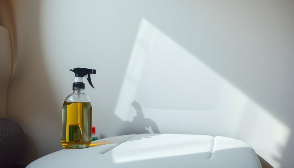 Spot testing cleaning solution on a light-colored cloth car seat, captured in a well-lit, close-up studio setting. The seat is positioned in the foreground, with a clean, neutral background that allows the subject to be the focus. Soft, directional lighting from the side creates subtle shadows and highlights the texture of the fabric. The bottle of cleaning solution is placed next to the seat, ready to be applied. The overall mood is one of attention to detail and careful preparation, conveying the importance of testing a new cleaning product before full application.