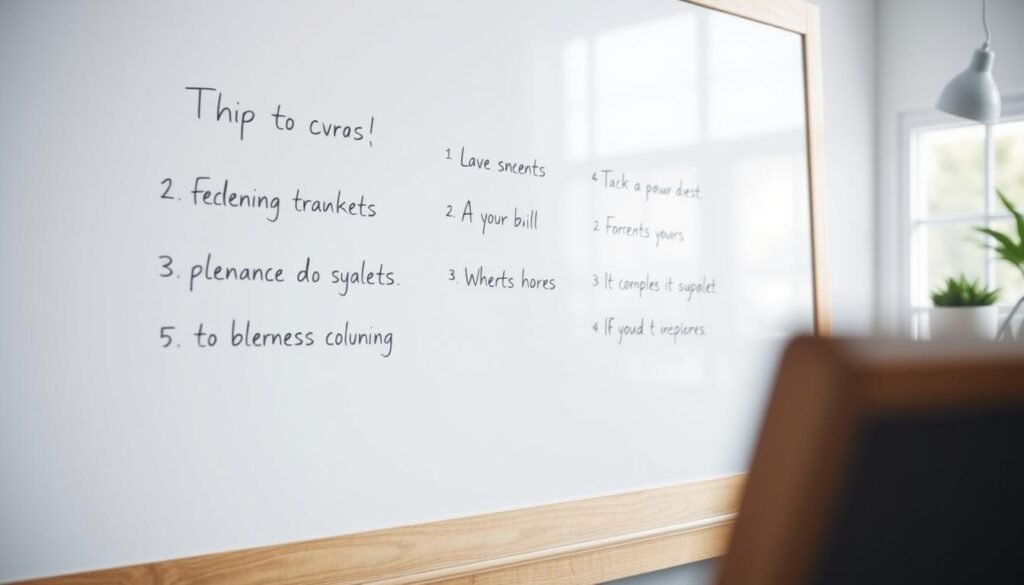 Whiteboard tips: A crisp, minimalist white surface in soft, diffused light. Floating, hand-written tips in a clean, elegant font, carefully arranged in an organized layout. Subtle hints of a wooden desk frame in the foreground, blurred and out of focus. In the background, a faintly visible window, letting in natural daylight. A serene, professional atmosphere that inspires productivity and problem-solving.