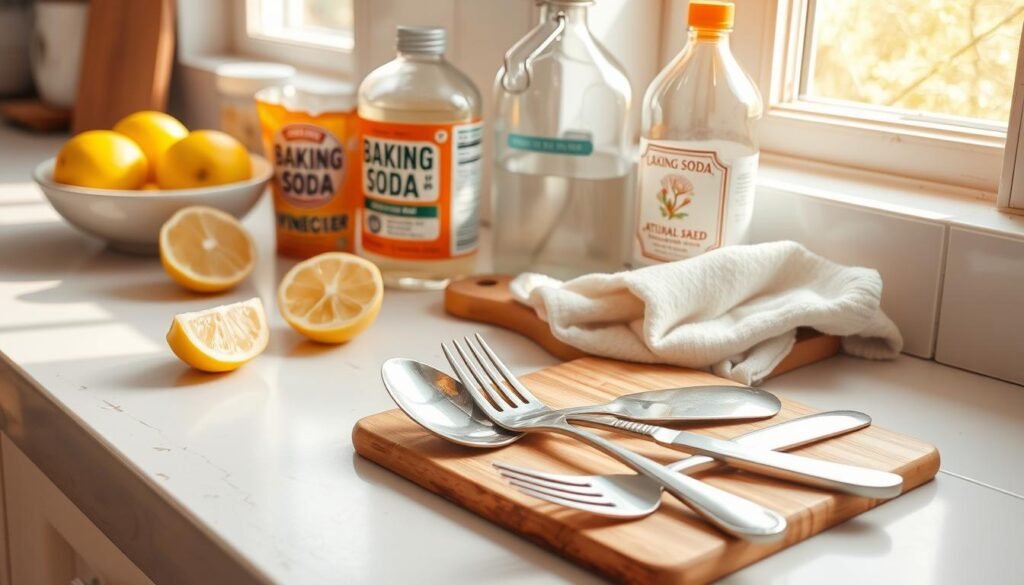 a clean, rustic kitchen counter with a wooden cutting board, fresh lemon wedges, baking soda, vinegar, and a soft cloth. Warm natural sunlight streams in through a nearby window, casting a gentle glow on the scene. The silverware, including a fork, spoon, and knife, are arranged neatly on the counter, their tarnished surfaces ready to be restored to a brilliant shine using the natural cleaning ingredients. The overall mood is one of simplicity, effectiveness, and eco-friendly kitchen solutions.